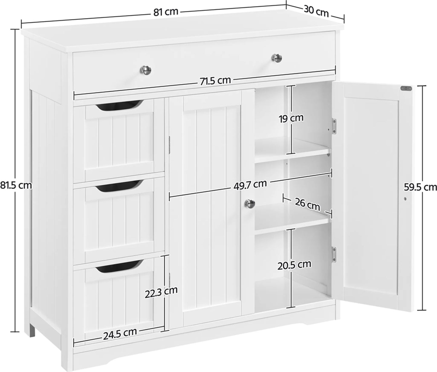 Yaheetech Badezimmerschrank mit 4 Schubladen und 1 Schranktür - Ausgestattet mit verstellbarem Einlegeboden und Anti-Kipp-Set und wasserabweisender Beschichtung - Für Bad und Wohnzimmer - Weiß Mdf - 81 x 30 x 81,5 cm