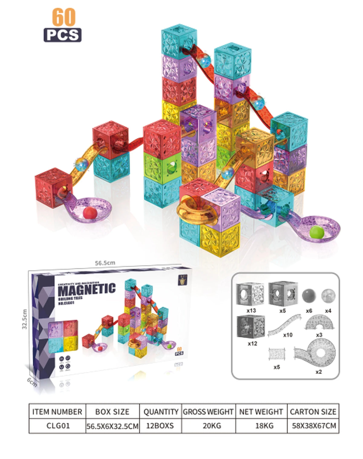 XINQIYUAN 3D-Diamant-Magnetbausteine – 60-teilig mit Murmelbahn – mehrfarbig – ABS-Kunststoff