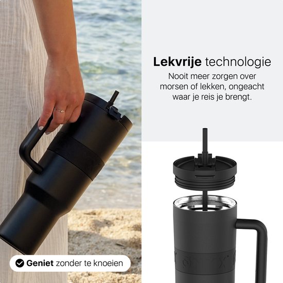 ONYX Trinkflasche mit Strohhalm 1 Liter - Trinkflasche für Kinder & Erwachsene - Thermosbecher Edelstahl Reisebecher - Motivationstrinker - Trinkbecher für die Schule - Onyx Schwarz