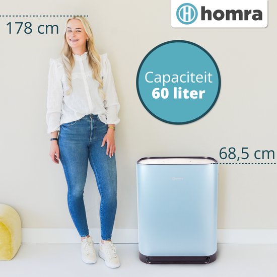 Homra Rockx Mülleimer 60 Liter - Duo-Treteimer 2×30 l mit Geruchsfilter – Edelstahl-Mülltrennbehälter mit 2 Fächern – Recycling-Mülleimer – Küchenmülleimer – Mülleimer zur Mülltrennung – Doppel-Mülleimer, blau