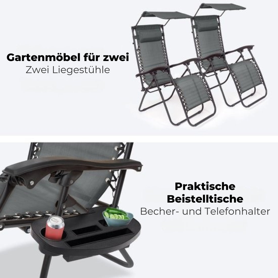 LifeGoods Faltbare Gartenstühle - mit Sonnendach - 2 Stück - 30°-90° verstellbar - Metall - Dunkelgrau