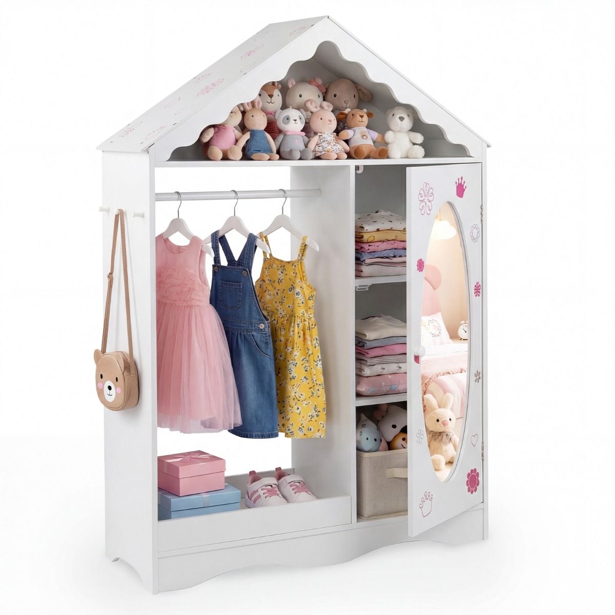 Coast Kinderkleiderschrank mit Spiegel – dachförmiges Design – offene Kleiderstange und Einlegeböden – weiß