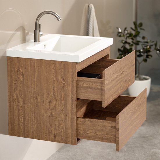 Mirlux Badmöbel Warm Oak 60 cm - Waschbecken Weiß - Badmöbel-Set - Waschbeckenschrank Warm Oak