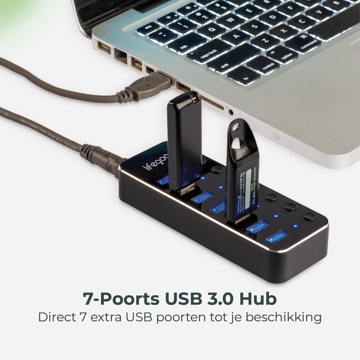 Auronic USB Hub 3.0 - USB Splitter mit 7 Ports - mit Netzteil - 5 GBPs - Led-Anzeige - Schwarz