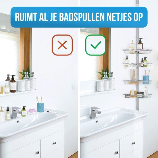 Strex - Teleskop Duschablage - rostfreier Stahl - 70-275 cm - 4 Körbe - ohne Bohren oder Schrauben - Silber