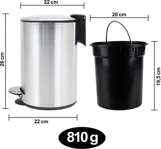 BADIONA Abfalleimer - Softclose-Deckel & herausnehmbarer Inneneimer - 5 Liter - 22 x 22 x 29 cm - Silber/Schwarz