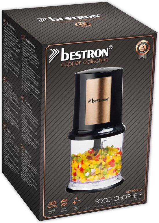 Bestron Küchenmaschine – AKC200CO – 500 ml Fassungsvermögen – 2 Edelstahlmesser – Pulsfunktion – Kupfer – 5 Jahre Garantie