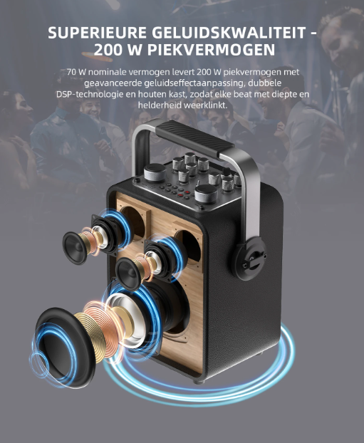 MLOVE D5 Karaoke-Anlage – 200 W – 2 drahtlose Mikrofone – Bluetooth – Schwarz