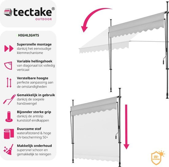 Tectake - Klemmmarkise Sonnenschirm - 250 x 180 cm - Ausgestattet mit UV-beständigem Polyester und Handkurbel und Teleskopstangen - Für Balkon und Terrasse - Hellgrau pulverbeschichteter Stahl