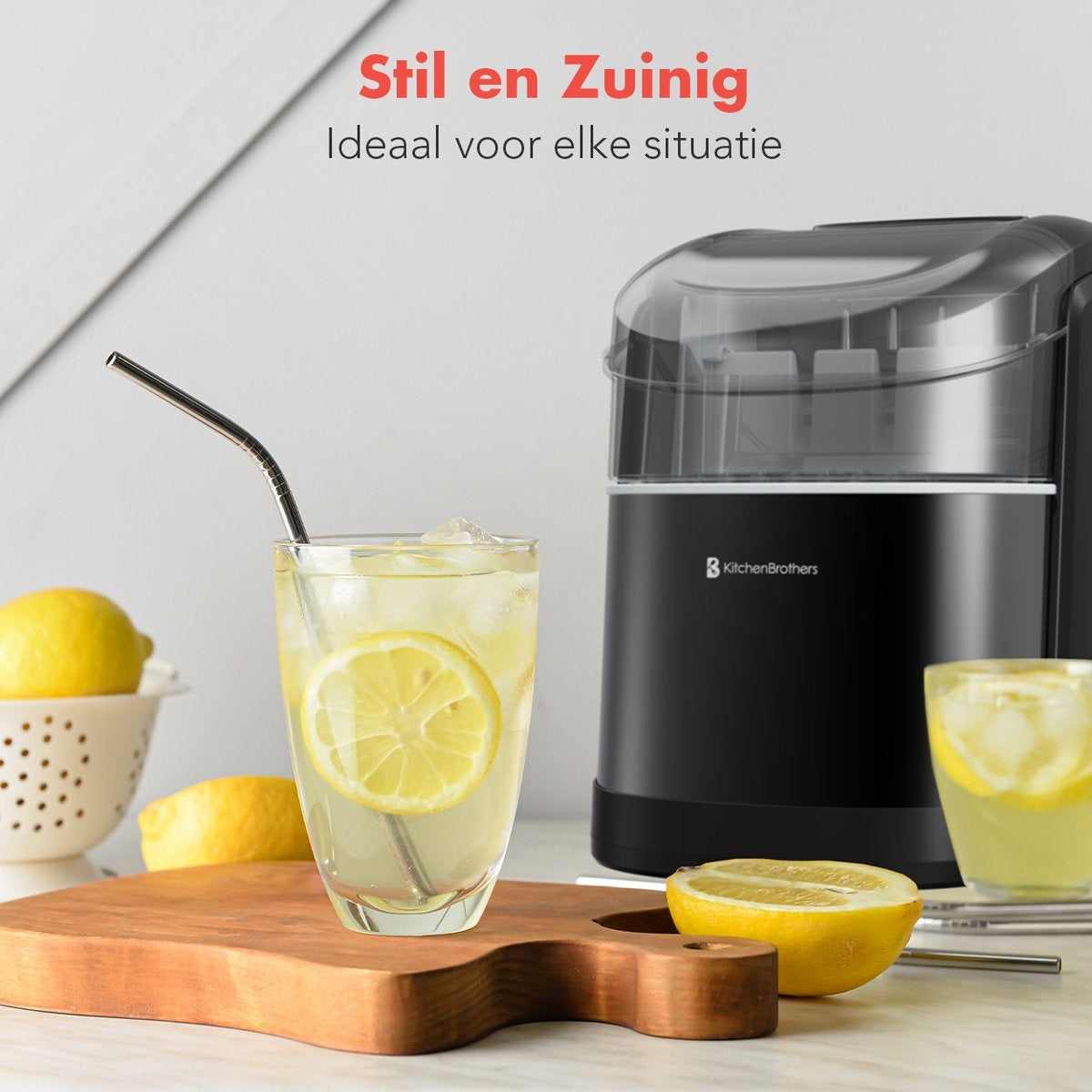 KitchenBrothers Eiswürfelbereiter - 1.6L - 8 min. - 12kg/24h - Selbstreinigungsfunktion - Eiswürfelbereiter mit Eisportionierer - Schwarz