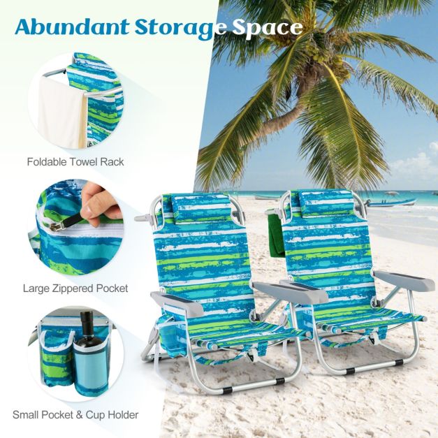 Komfortabler Strandkorb Coast mit 5-fach verstellbarer Rückenlehne, klappbarem, leichtem Aluminiumgestell, Getränkehalter und Staufächern - Blau/Grün, 66x65x78 cm