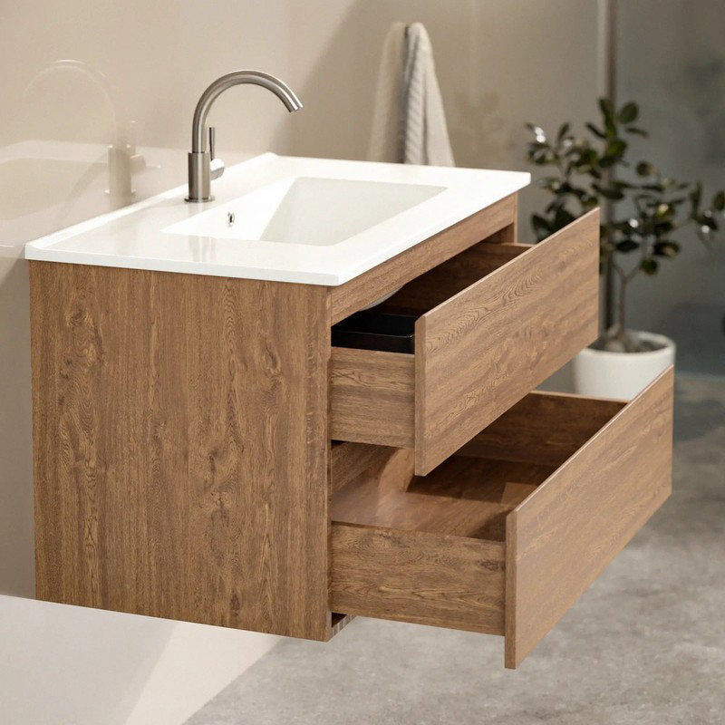 Mirlux Badezimmerschrank Luma 80 cm – Warme Eiche – Weißes Waschbecken