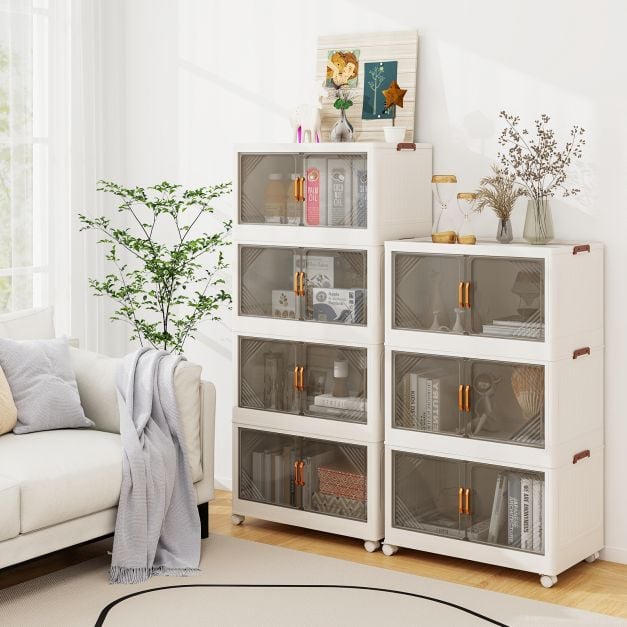 Coast Storage Boxes Weiß/Braun - Stapelbarer Lagerschrank mit Türen und Rädern - 284L - 65 x 39 x 142 cm