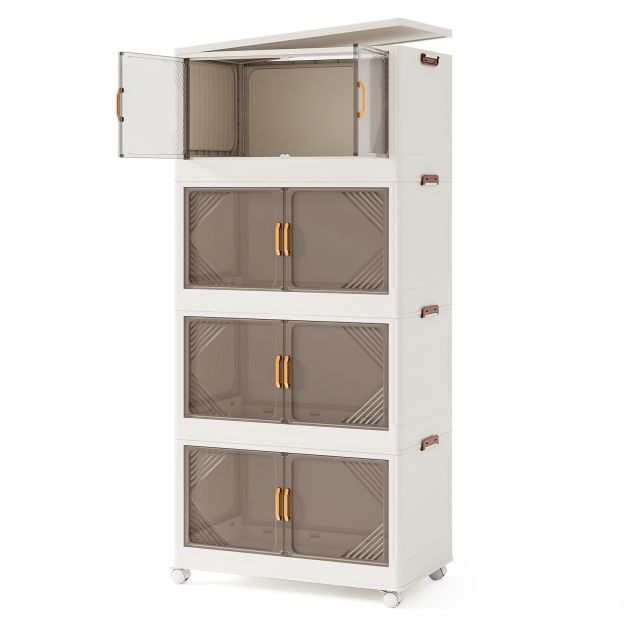 Coast Storage Boxes Weiß/Braun - Stapelbarer Lagerschrank mit Türen und Rädern - 284L - 65 x 39 x 142 cm