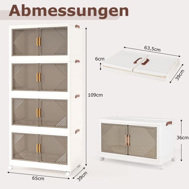 Coast Storage Boxes Weiß/Braun - Stapelbarer Lagerschrank mit Türen und Rädern - 284L - 65 x 39 x 142 cm