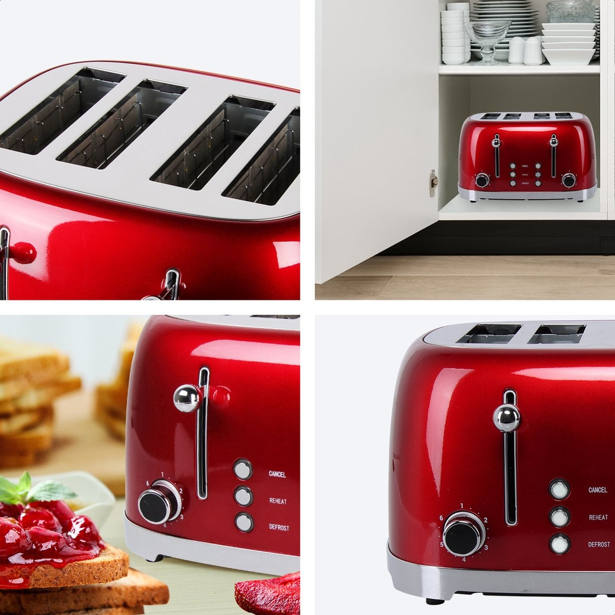 KitchenBrothers Retro-Toaster - 6 Heizstufen - 4 extra breite Schlitze - 1630W - Aufwärm- und Auftaufunktion - Rot