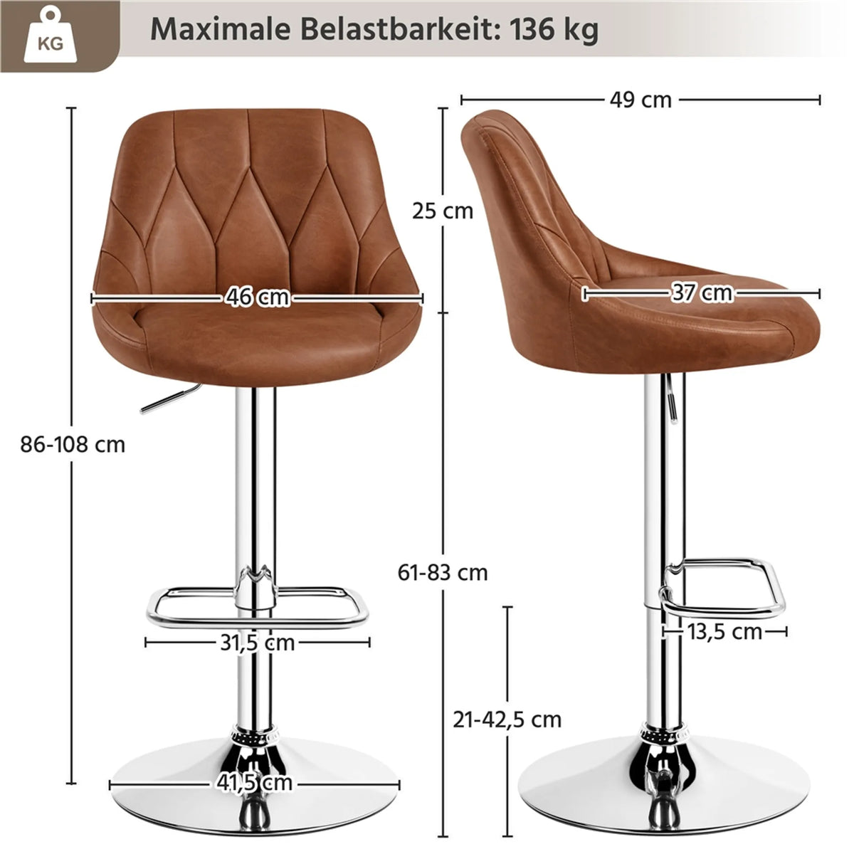 Yaheetech 2er-Set verstellbare Barhocker / Barstühle 86–107,5 cm – stilvolles Braun – Kunstleder und Metall