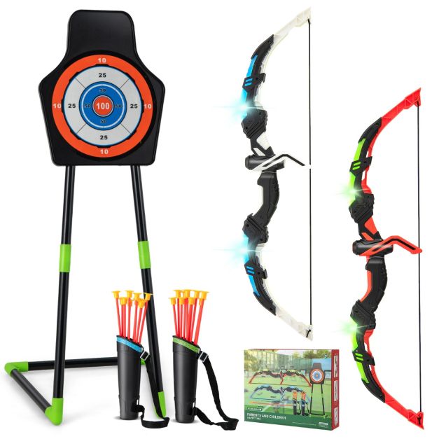Pfeil und Bogen Set für Kinder mit LED-Beleuchtung - inkl. 20 Pfeile, 2 Trageköcher, Stand- und Hängeziel - Spielset für drinnen und draußen - 110 x 30 cm