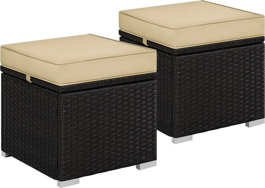 Yaheetech Hocker mit Lagerung 2 Stück - Features versteckten Fach und wasserabweisende Rattan Wicker und pulverbeschichtetem Metallrahmen - für Garten Balkon und Wohnzimmer - Brown Khaki Polyethylen und Metall - 40 x 40 x 42,5 cm