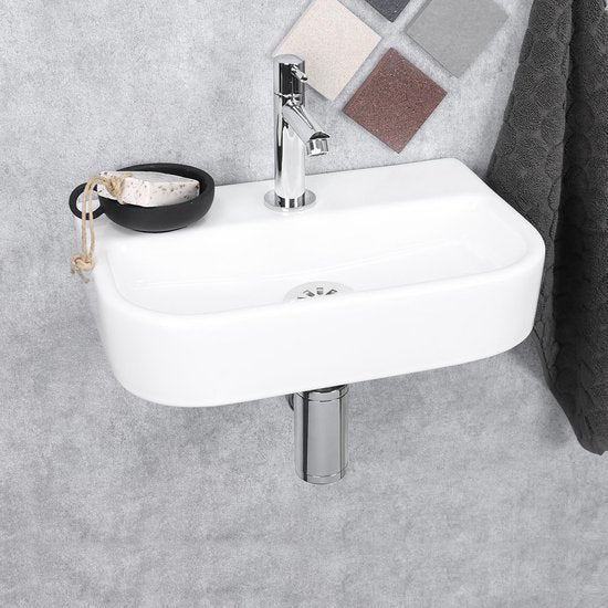 Differnz Oval Small Fountain Set - Spülbecken Naturstein - Schwarz - Gerader Wasserhahn - Chrom - Standard-Griff - 38 x 24 x 8 cm