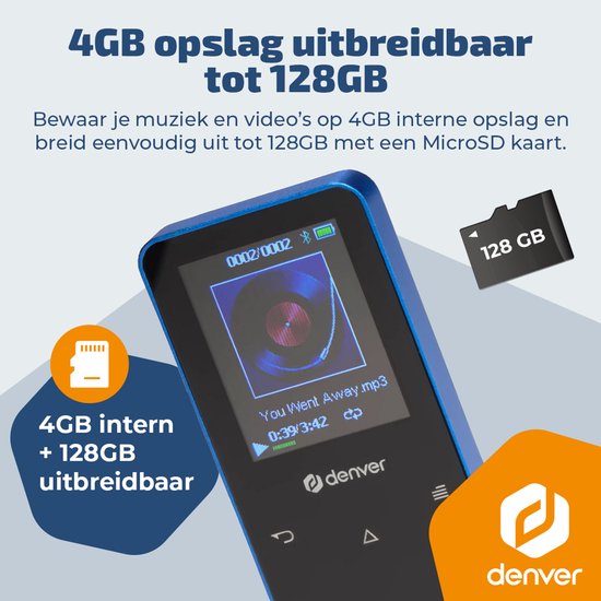 Denver MP3/MP4-Player – Bluetooth – Zufallswiedergabe/Wiederholung – SD-Karte bis zu 128 GB – inkl. Ohrhörer – Diktiergerät – MP1830BU – Blau