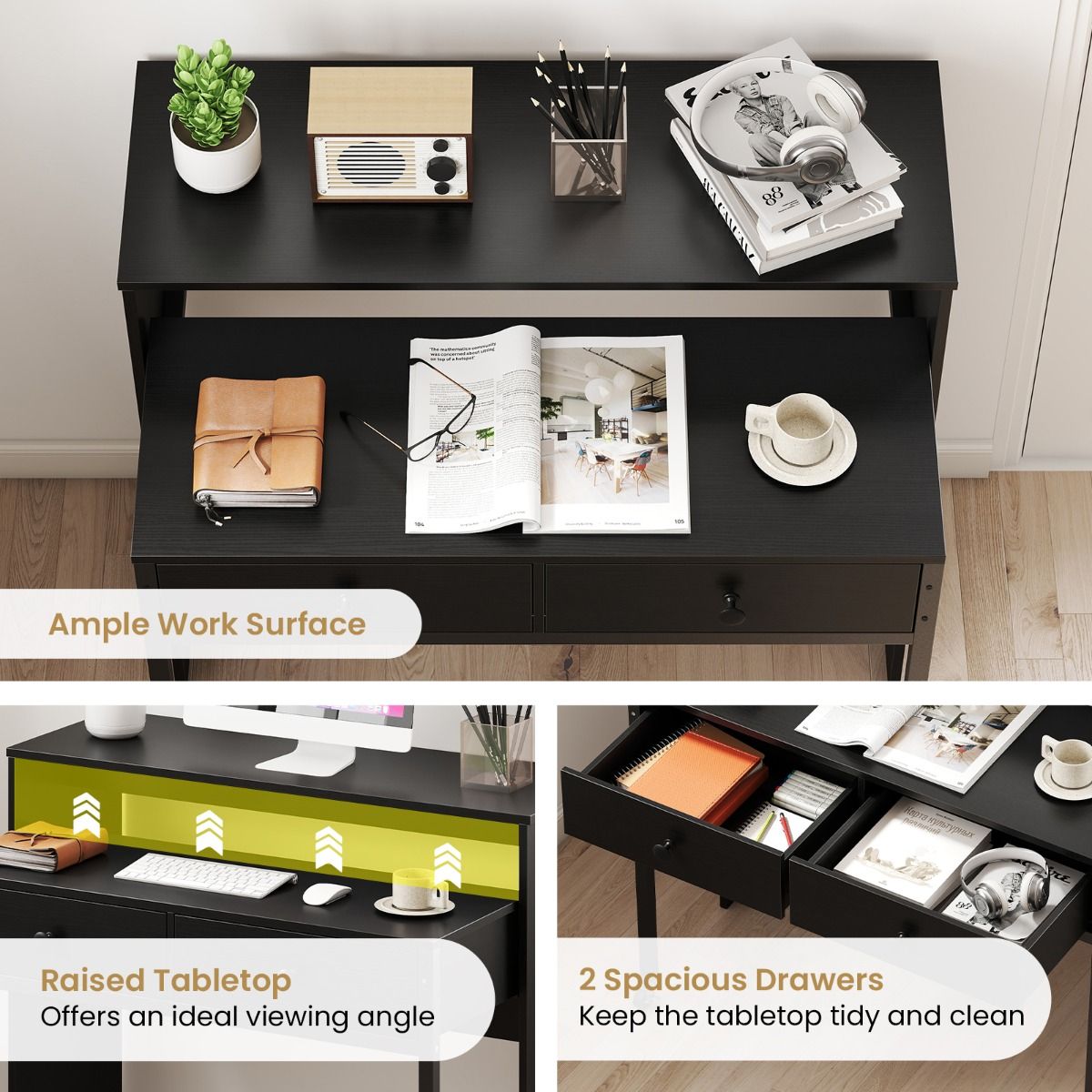 Coast Ausziehbarer Schreibtisch – mit 2 Schubladen – feststellbare Rollen – schwarz – 100 x 63 x 88 cm