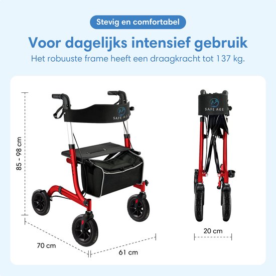 Safe Life® Rollator - Leicht und faltbar - Sitzfunktion - Für den Innen- und Außenbereich - Rückenlehne und Gehstockhalterung - Rot
