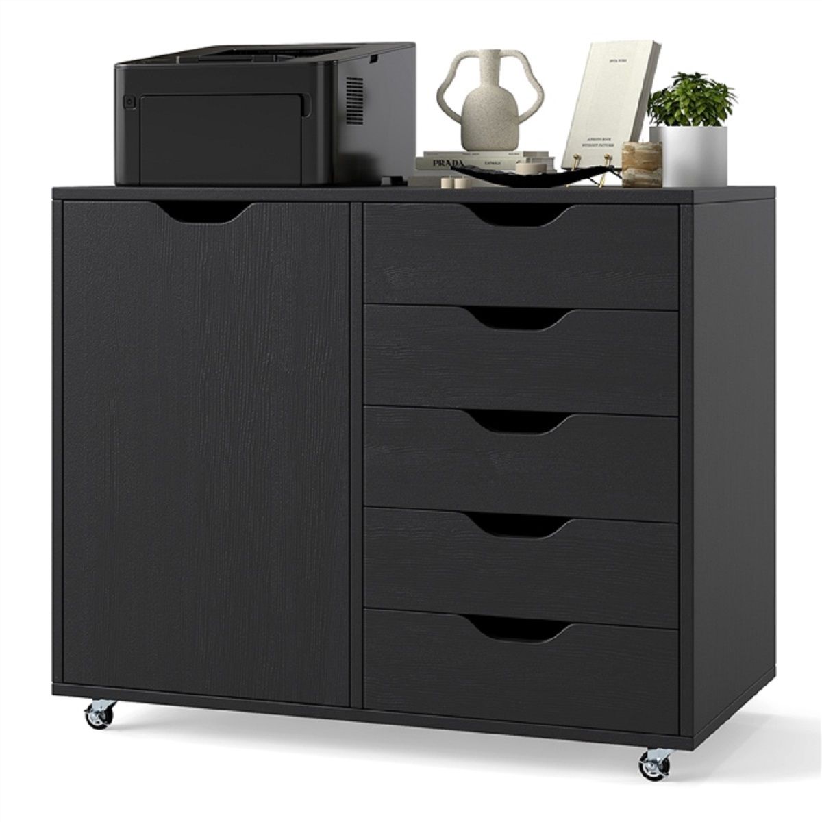 Coast Rollcontainer mit 5 Schubladen – Türschrank – Arbeitsplatte – Schwarz – 79 x 39 x 65 cm