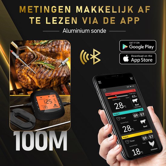 MostEssential - PRO-3 Digitales Fleischthermometer - Kabellos mit App - 100M Reichweite - inkl. 3 Messfühler - Schwarz