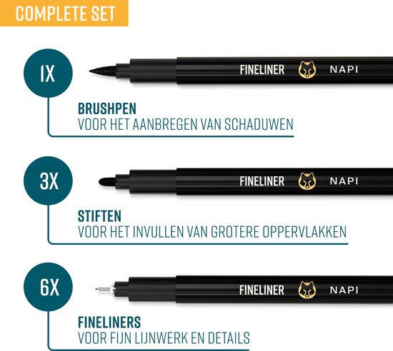 NAPI 10 Fineliner schwarz inkl. Pinselstift & Lineal - 0,2 bis 3mm - Stifte schwarz - Bullet Journal Zubehör - Zeichenstift-Set