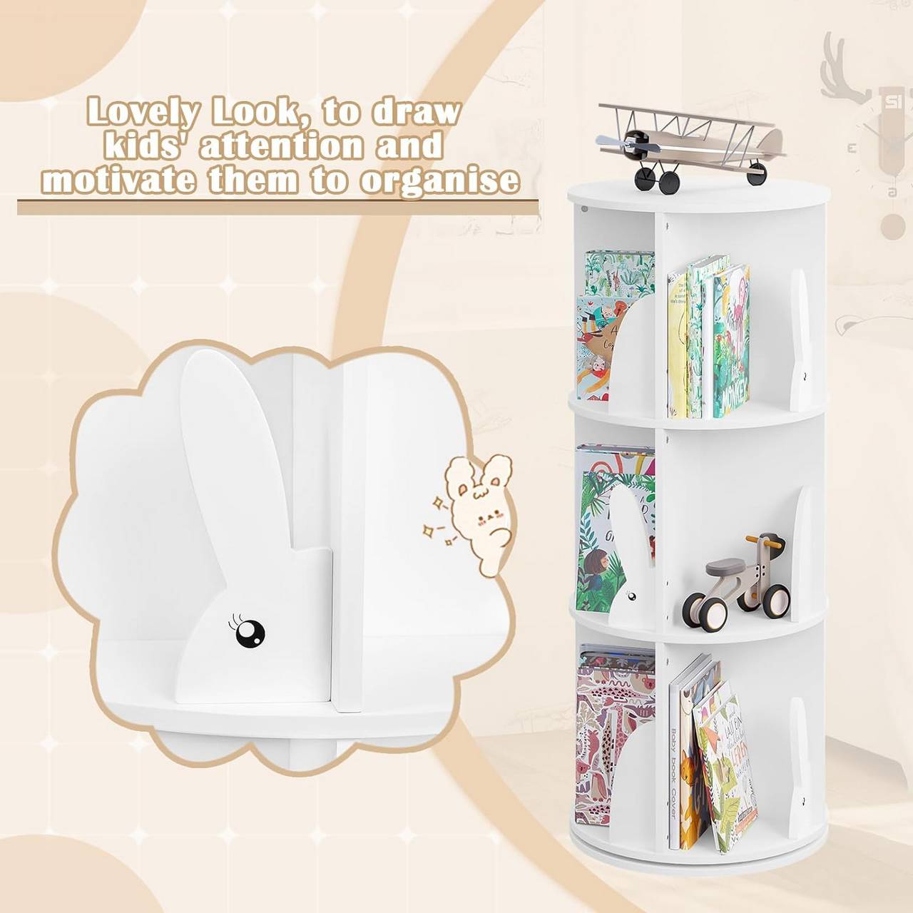 Woltu Kinderbücherschrank – drehbar – 3 Ebenen – 40 x 97 cm – 30 kg – Weiß