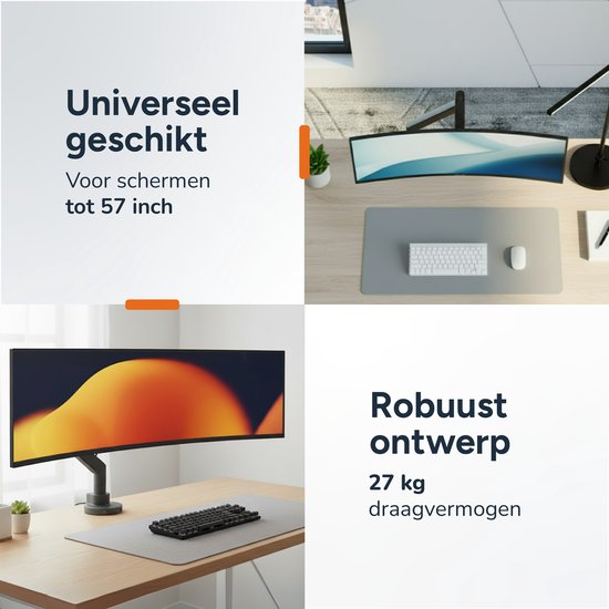 Skoov Monitorarm mit Gasfeder - Für 13 bis 57 Zoll - 27KG Tragfähigkeit - Breitbildschirm - Halterung für 1 Bildschirm - Monitor - Ständer - Halterung - Extra stabil - Schwarz