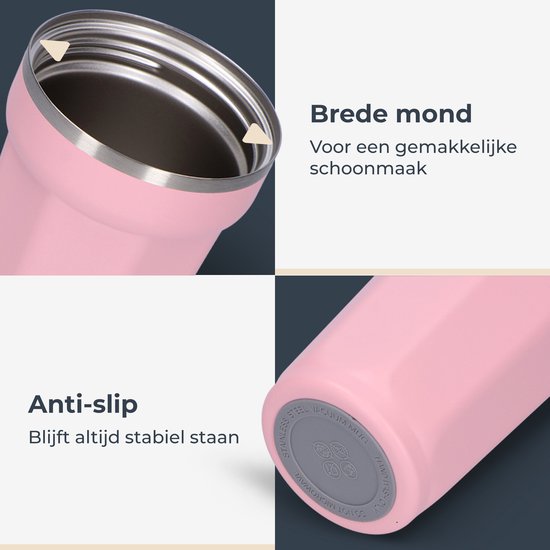 Castagnola Thermosbecher - Kaffeebecher To Go - Reisebecher für Kaffee und Tee - Teebecher - 380 ML - Edelstahl - Rosa - Achteck