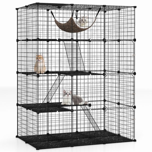 Geräumiger 4-stöckiger Katzenkäfig 143 cm hoch - Schwarzer Metalldrahtkäfig mit Hängematte, Regalen und Leitern für Katzen und kleine Haustiere