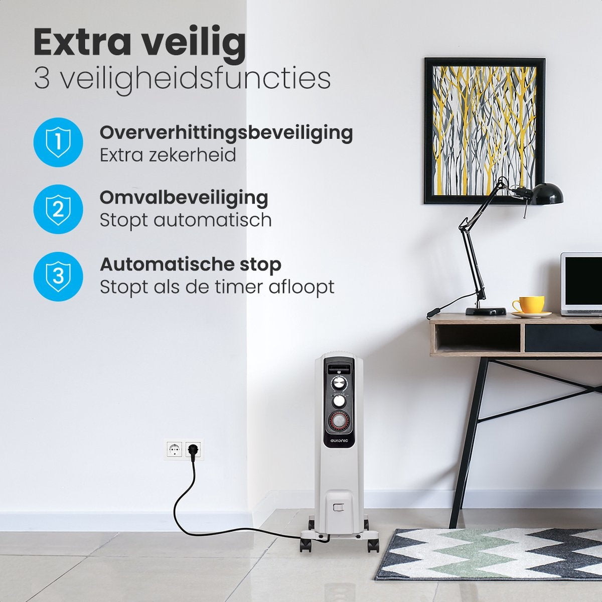 Auronic - Elektrischer Heizkörper - mit Thermostat und Timer - 3 Stufen - Weiß