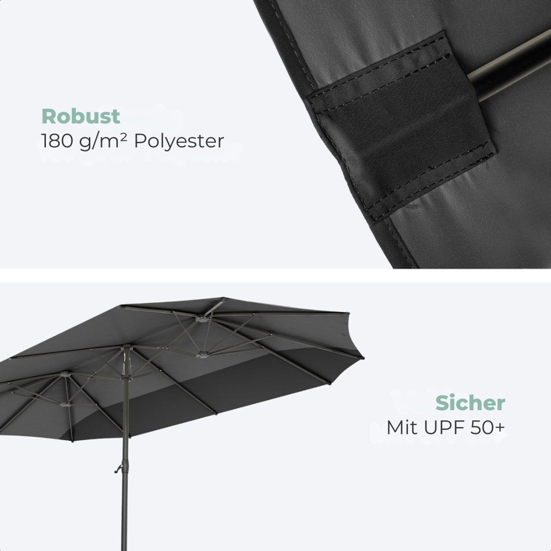 LifeGoods Doppelter Sonnenschirm - 270x460cm - Bis zu 15 Personen - Wasserdicht - Mit Bezug - Dunkelgrau