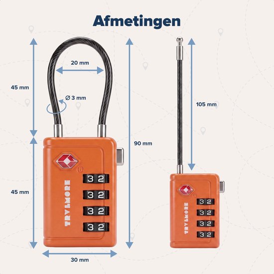 TRVLMORE Kofferschloss mit Kabel – TSA-zertifiziert – Alarmfunktion – 4-stellig – 2 Stück – Orange
