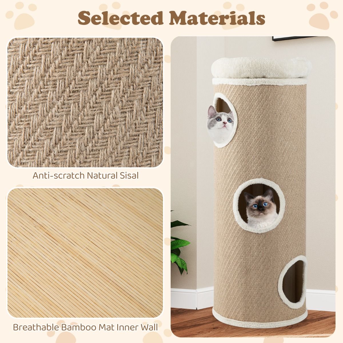 Coast Katzenhaus mit vier Etagen – Plüschbett – Sisal-Kratzbäume – Braun 43 x 43 x 113 cm