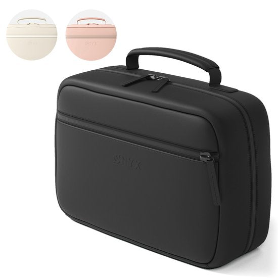 ONYX Kulturtasche Schwarz - Schminktasche - Kosmetiktasche - Intelligentes Layout - Beautycase & Schminkspiegel - Kosmetiktasche zum Aufhängen mit Haken - Damen und Herren - Größe: M