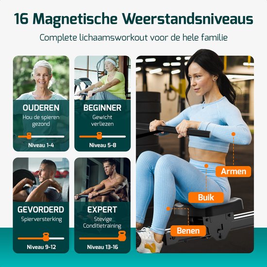 FITAGE Rudergerät - Rudergerät 16 Widerstandsstufen - Rudergerät mit Trainingsprogrammen und App - Rudertrainer - zusammenklappbar