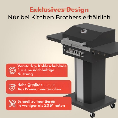 KitchenBrothers - Holzkohlestehgrill Barbecue - BBQ - mit Deckeln und Rädern - Edelstahl Grillrost - Schwarz