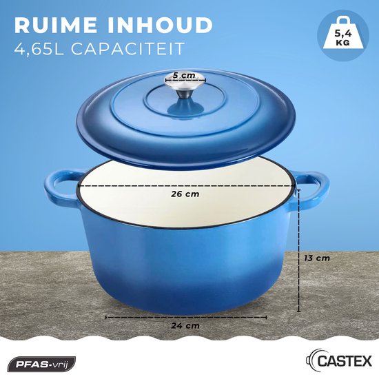 Castex Elegance Royal Gusseisen Kasserolle - Antihaftbeschichtung - 26 cm - 4,65 L - Induktion - Blau