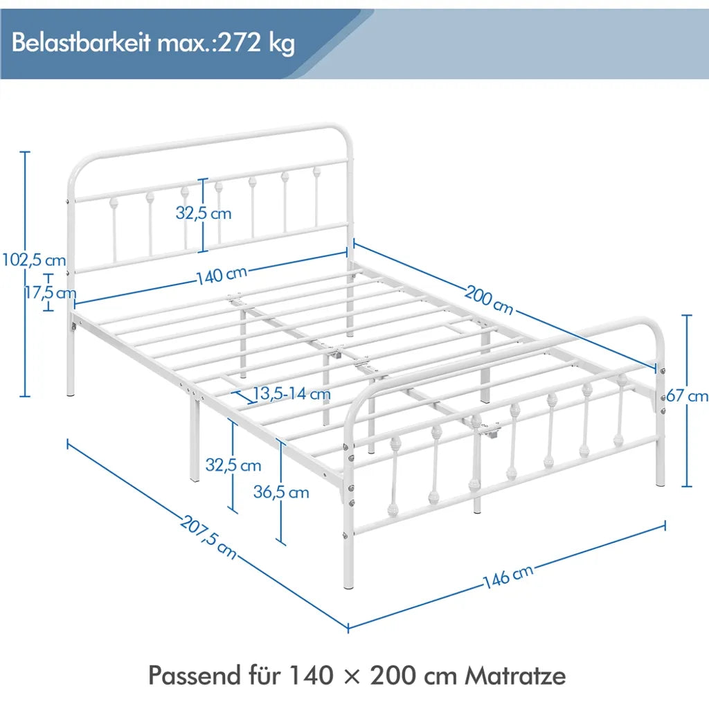 Yaheetech Metallbettgestell 140 x 200 cm – Weiß – Doppelbett mit Lattenrost und hohem Kopfteil