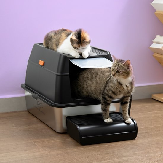 Jake und Jacky Edelstahl-Katzenklo – Katzen-Toilette aus Edelstahl – inkl. Katzenschaufel mit Halter und Streuauffang-Trittstufe – 2-in-1-Katzenklo mit abnehmbarem Deckel – 60 x 40 x 38 cm – Schwarz