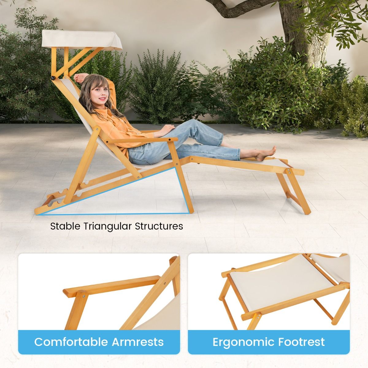 Coast Birchwood Foldable Beach Lounger mit verstellbarem Sonnendach, Rückenlehne und Fußstütze - Beige/Natur - 170x62x140 cm