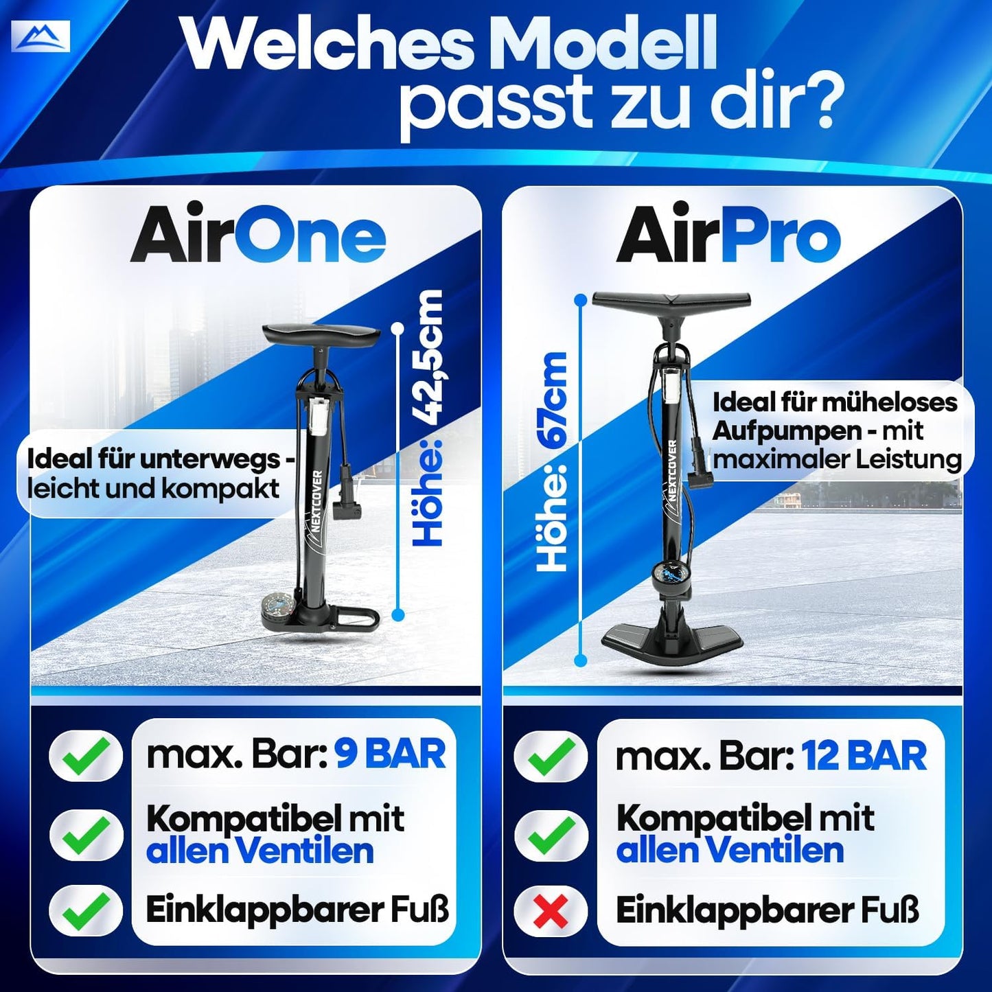Nextcover - Fahrradpumpe – Airflow-Technologie – Mit Manometer – Schwarz
