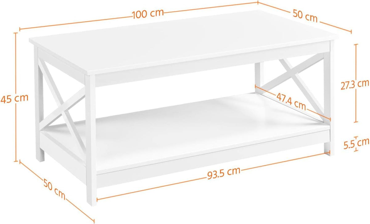 Couchtisch mit 2 Ablagebrettern und X-förmigem Gestell, 100 × 50 × 45 cm, weiß