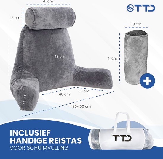 TTD® Premium XXL Lesekissen mit Nackenrolle - Lesesitz - Lesekissen fürs Bett - Ergonomisches Sitzkissen mit verstellbarer Polsterung - Buchkissen - Inklusive extra Minikissen - Samtig weich - Waschbarer Bezug