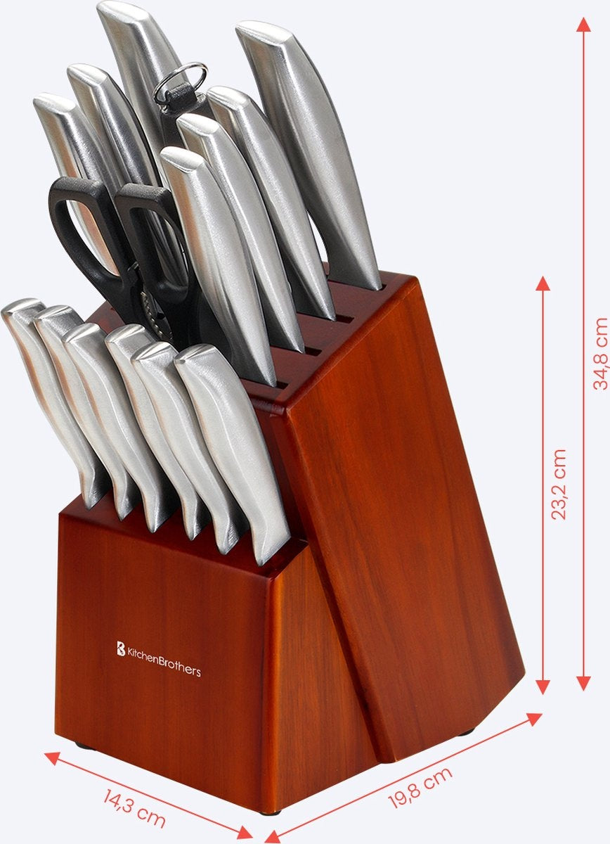 KitchenBrothers Messerset - Messerblock - 16-teilig - mit Schere und Wetzstahl - Akazienholz
