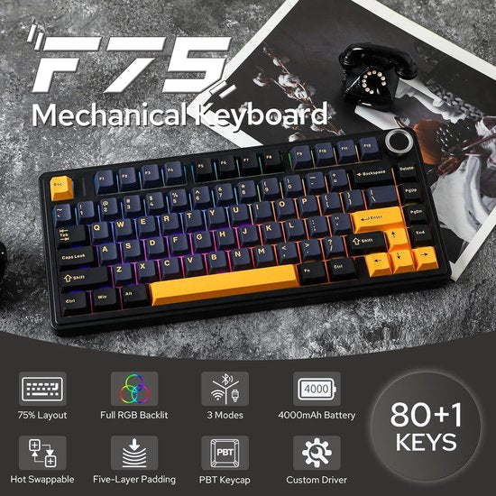 AULA F75 – Kabellose Gaming-Tastatur – Mechanisch – Gasket – Hot-Swap – QWERTY-Tastaturen – Tri-Mode – 80 Tasten – Donnerschwarz